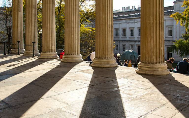The pillars of the main quad building on the UCL campus