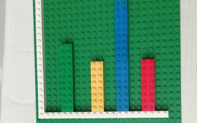 a green lego board with strips of coloured lego blocks