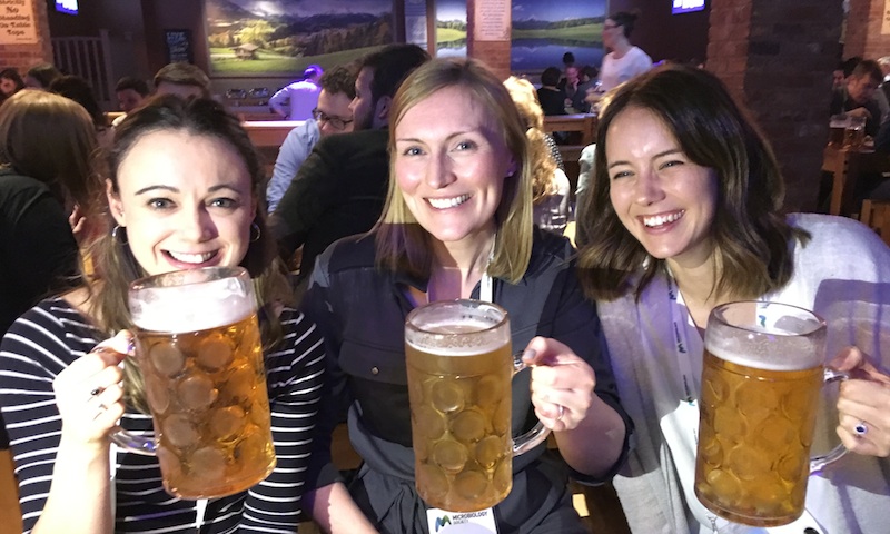 Claire, Becky and Lucy attending the Microbiology Society Annual Conference in Birmingham, 2018