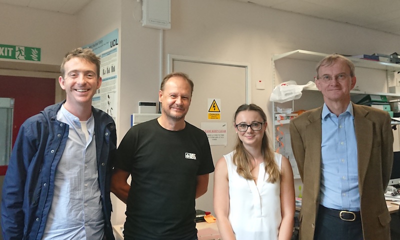 Dr Joe Grove, Prof Greg Towers, Dr Claire Kerridge and Prof Charles Bangham after Claire's viva