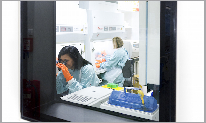 Dr Jane Rasaiyaah and Dr Jo Rowley working in the CL3. Image courtsey of the Wellcome Trust