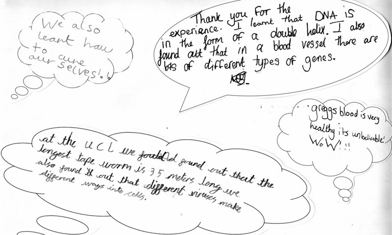 Feedback from children after a visit to UCL teaching labs to learn about pathogens and science research with Prof Greg Towers and Dr Richard Milne