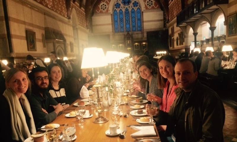 Becky, Hataf, Elisa, Lorena, Lucy and Pierre enjoy dinner at Keble College, Oxford at the EMBO Pathogen immunity and signalling workshop, 2019