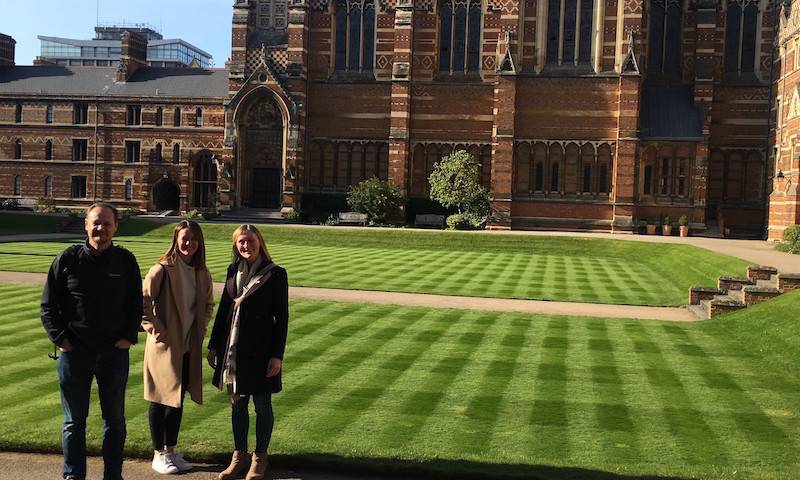Greg, Becky and Lucy outside Keble College, Oxford, EMBO meeting 2019