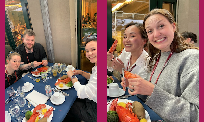 Towers and Jolly labs tuck into a bit of lobster at Cold Spring Harbor Retrovirus Conference, May 2023
