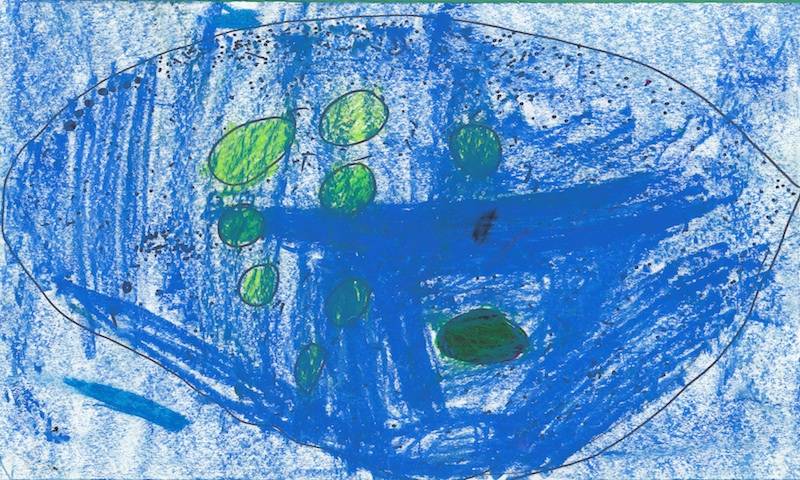 A picture of a blue virus created and drawn by one of the children from Mayflower following Greg and Richard's assembly and the virus creation activity in 2013 given to us as part of the feedback