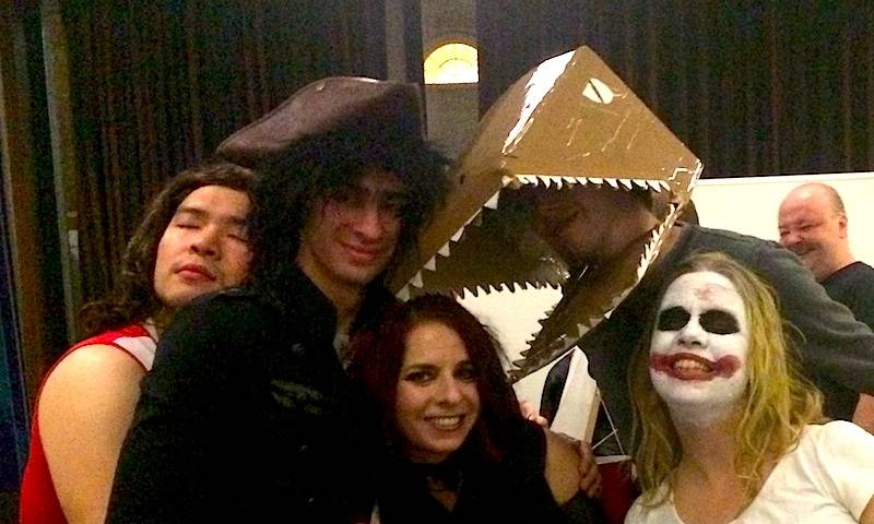 Cheerleader Chris, Pirate Perry, Dinosaur David, Black Widow Solene and Joker Jane at the Towers Lab Halloween party 2017