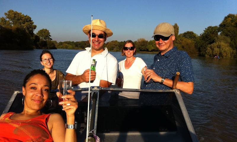Nandi, Elle, Maddie, Clare and Greg enjoy a summer evening on Maddie's boat