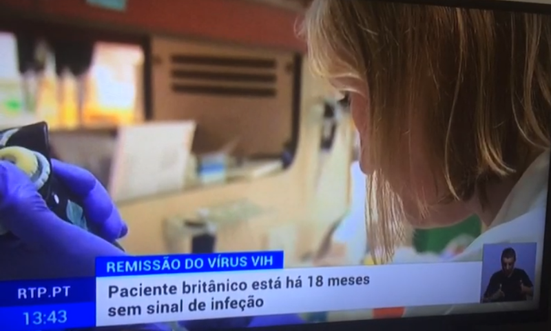 Becky on a Portugese news clip reporting on Prof Ravi Gupta's collaborative paper documenting the second patient to become HIV free following stem-cell therapy