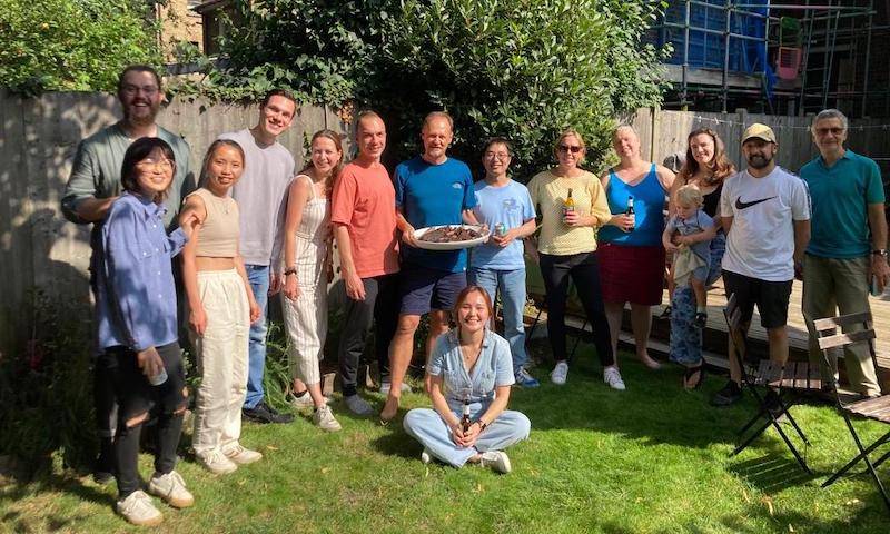 Towers lab summer BBQ. Linran, Oliver, Ziqi, Taylor, Lydia, Dejan, Greg, Ying, Mao, Clare, Jane, Dara, Jas, and Richard, August 2023