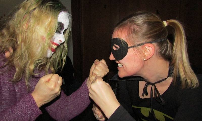 Joker Jane and Becky Batman fight it out at the Towers lab Halloween party 2017
