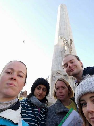 Morten, Maitreyi, Clare, Lucy and AK reach the war memorial in the treasure hunt