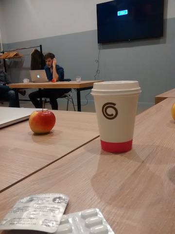 The seminar survival kit - coffee, and apple and Ibuprofen