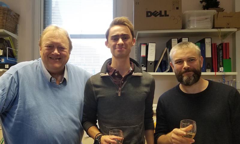 Dr Stephen Perry celebrates his viva with Prof Jonathan Stoye and Dr Rob Gifford, Oct 2019