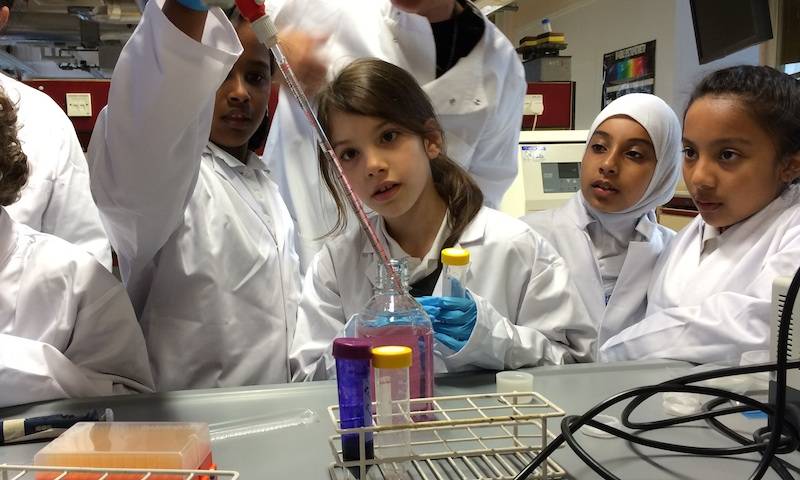 Children from Carlton School learn pipetting as part of the tissue culture activity