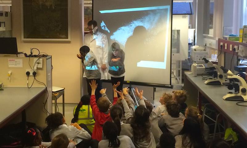 Using talcum powder to demonstrate a sneeze spreading germs