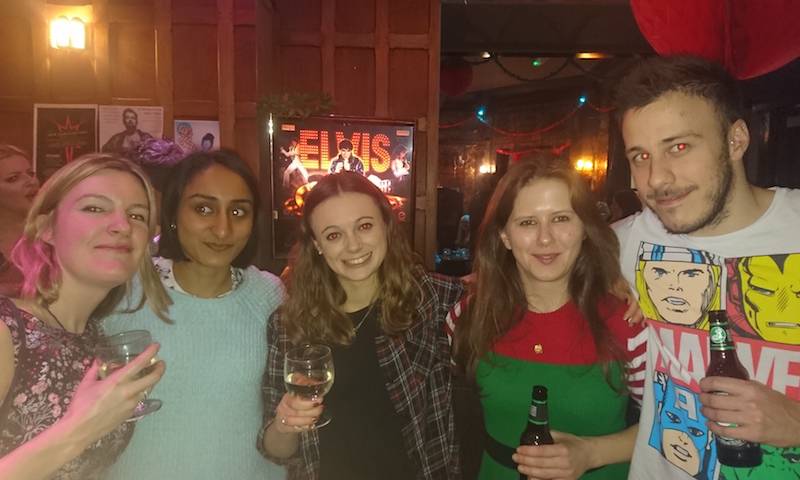 Isobel, Maitreyi, Claire, Shimona, Rich at the department Christmas party, 2016