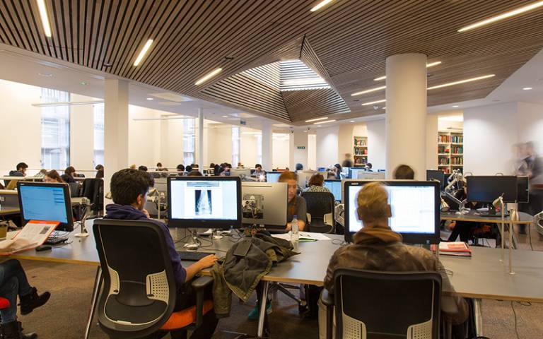 Photo of students working in the cruciform hub