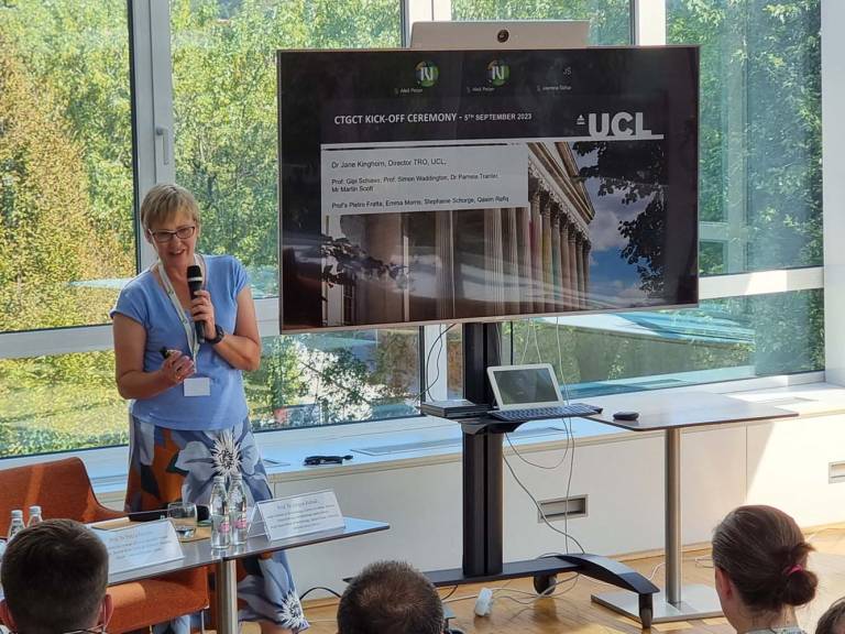 Image 1: Dr Jane Kinghorn, Director of the Translational Research Office at UCL, speaking at the kick-off ceremony of the 'Centre for the Technologies of Gene and Cell Therapy'
