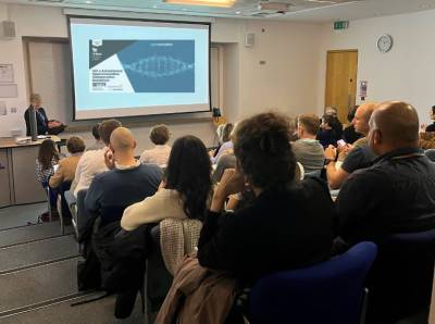 A photo showing Dr. Jane Kinghorn, Director of UCL Translational Research Office, welcomed the speakers and audience at the UCL X AstraZeneca Open Innovation Collaboration Roadshow.