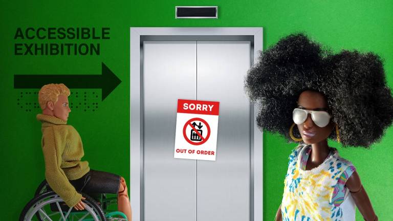 Image by Alistair Gentry of two Barbies next to text reading 'accessible exhibition' with an arrow pointing to a lift which is out of order. One barbie is in a wheelchair and one barbie is visually impaired.
