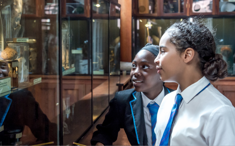 Two school pupils looking at a museum exhibit in a glass case. 