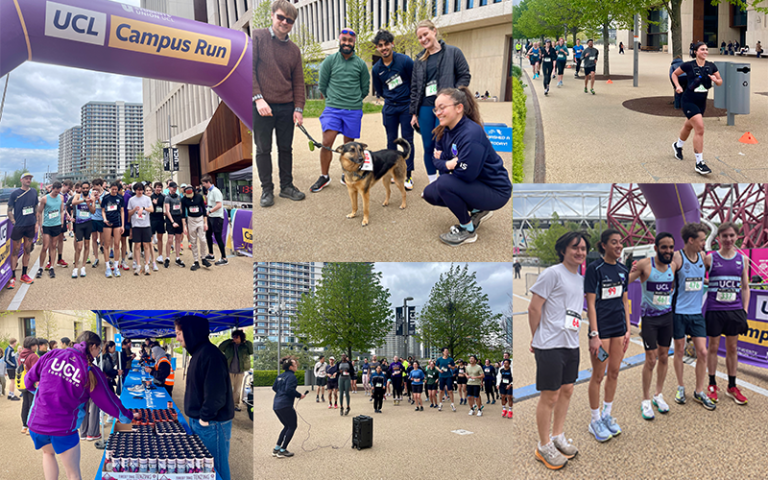 A selection of six different images showing groups of runners at different stages of a run on Queen Elizabeth Olympic Park