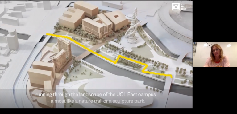 Screenshot of virtual event, showing Esther and the model of UCL East