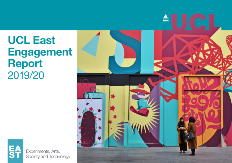 Cover page, showing two women speaking in front of a street art mural, of the UCL East engagement 2019/20 annual report.