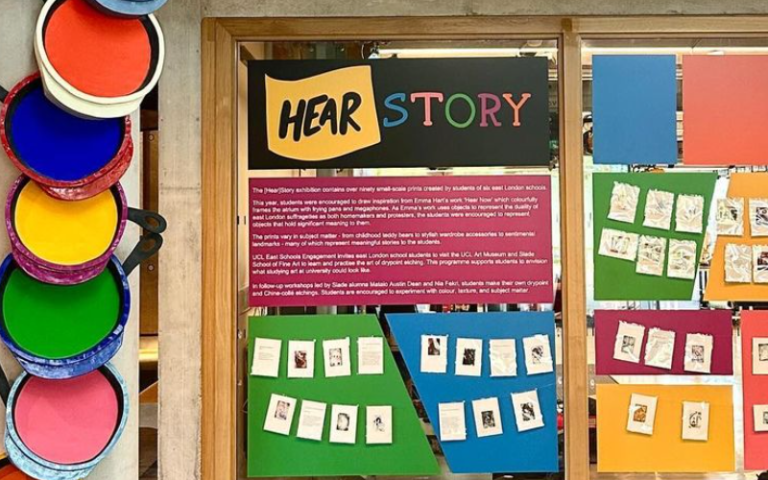 A colourful display with the words Hear Story visible in the centre