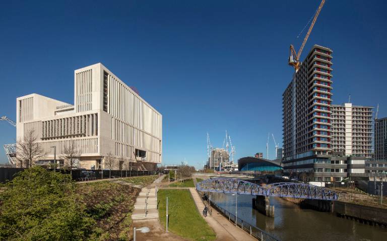 UCL East buildings either side of the river on Queen Elizabeth Olympic Park with East Bank partner buildings in the distance