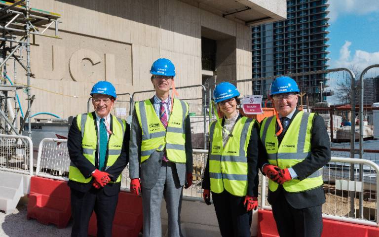UCL President and Provost Dr Michael Spence with Stephen Timms MP, UCL East Director Prof Paola Lettieri and UCL Pro-Provost for London Alan Thompson in safety gear at Marshgate construction site with One Pool Street in the background