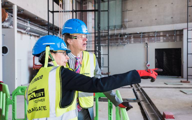 UCL East Director Prof Paola Lettieri shows Stephen Timms MP Marshgate from inside the building nearing completion