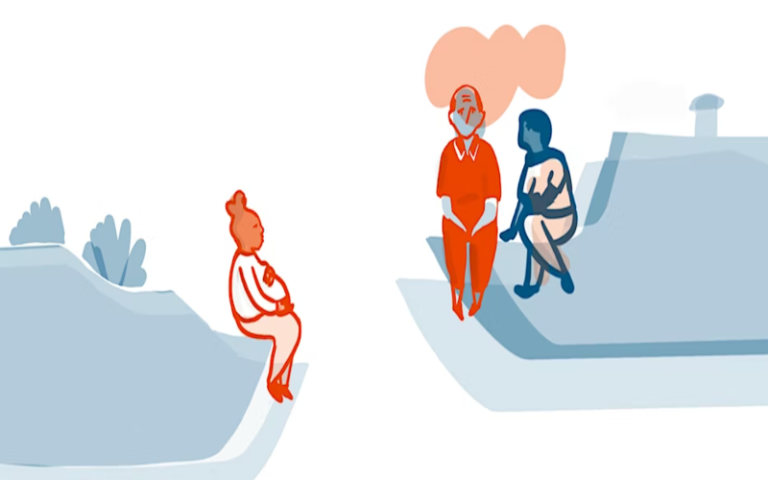 Cartoon style graphic shows to the left a pregnant woman sitting chatting on a river bank opposite a couple of people sitting on their boat