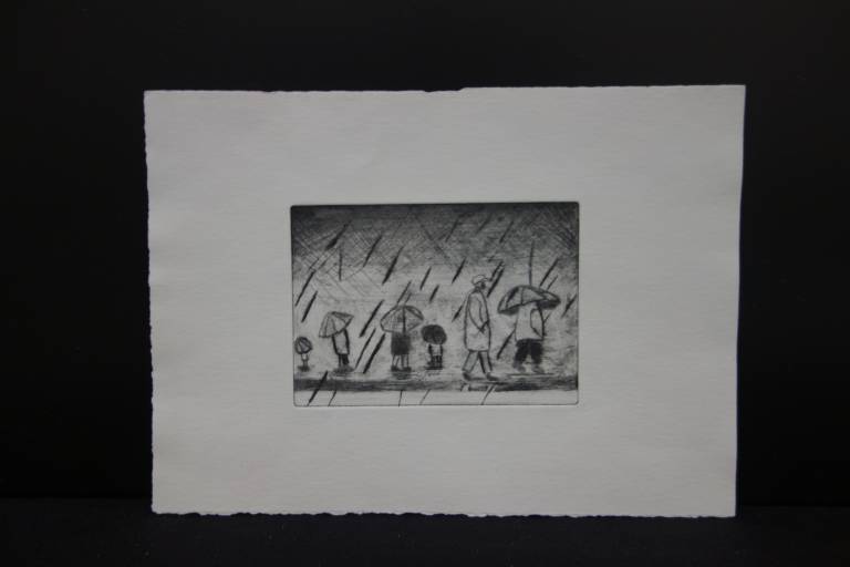 screen print image created by east London pupil of people with umbrellas in the rain