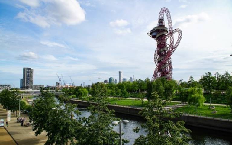 View of the Arcelor Mittal Orbit Tower on Queen Elizabeth Olympic Park