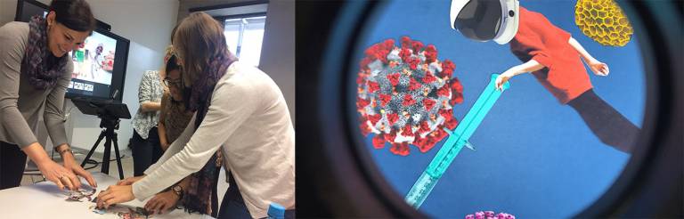 on the left are three people around a table arranging small objects. On the right is a composite image through a microscope: a virus, a needle and a person wearing an astronaut helmet