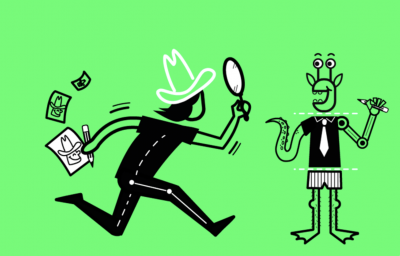 Two cartoon characters on a green background. One with a magnifying glass inspects the other.