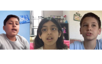 Three students on a video call. 
