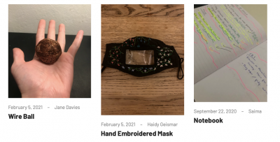 3 photos that are part of the young curators' Museum of covid-19 programme, showing a wire ball, a hand embroidered mask and a notebook.