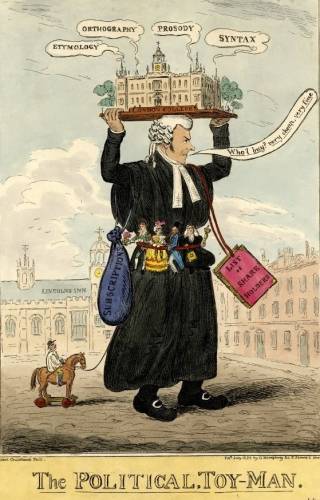 Figure 1 – Satirical cartoon depicting Brougham selling shares for the London university, July 1825 (Trustees of the British Museum, 1868,0808.8662)