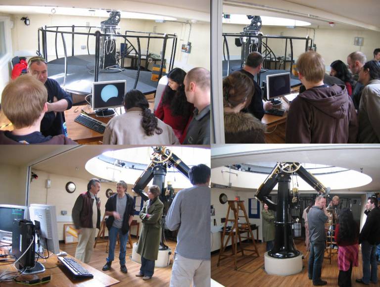 Staff and postgraduate students observing visually with the Fry and H-alpha solar filter.