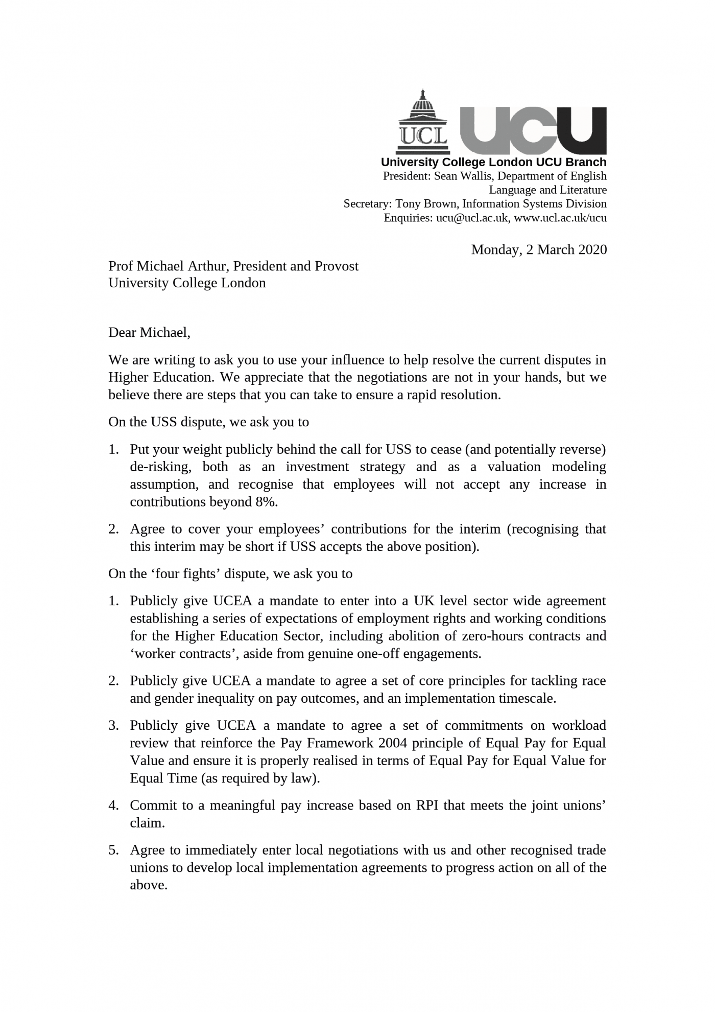 Union letter to Provost - page 1