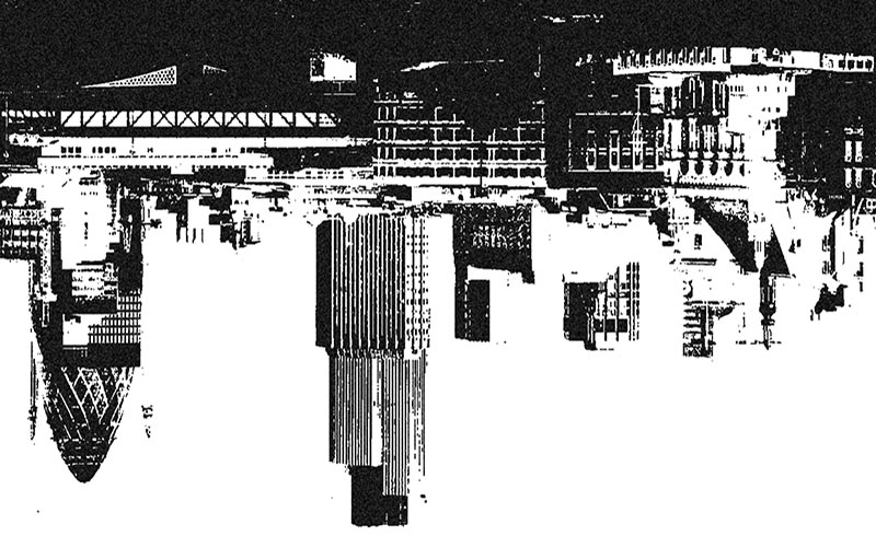 Illustrated skyline image of the CIty of London flipped upside down