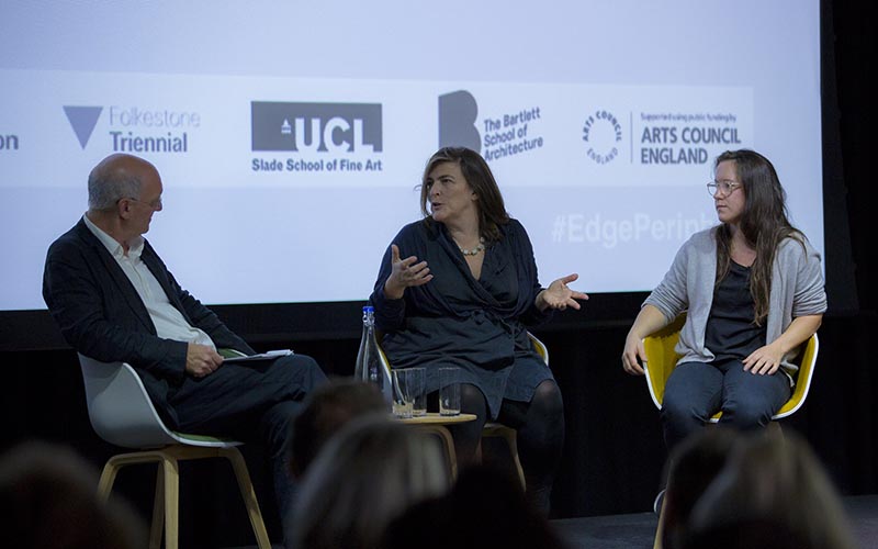 Lewis Biggs, Liza Fior and Amica Dall on stage at the EDGE: Periphery symposium at Here East in October 2017. Credit: Jacob Fairless Nicholson