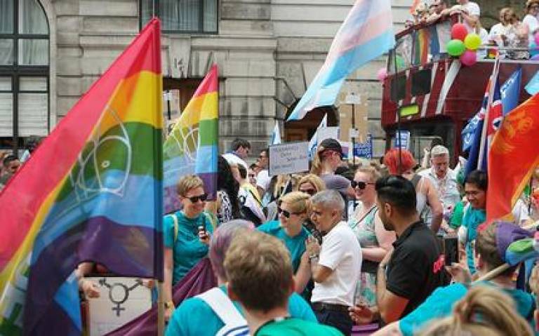 Mayor of London Sadiq Khan shakes hands and takes photos with organizers before London Pride march on July 8, 2017. Photo by Ashley Van Haeften via Flickr