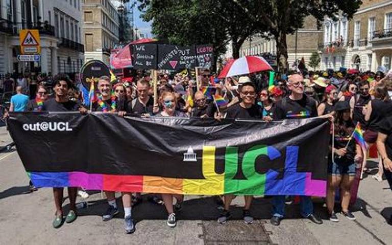 Staff and students from UCL marching at Pride in London on 7 July 2018