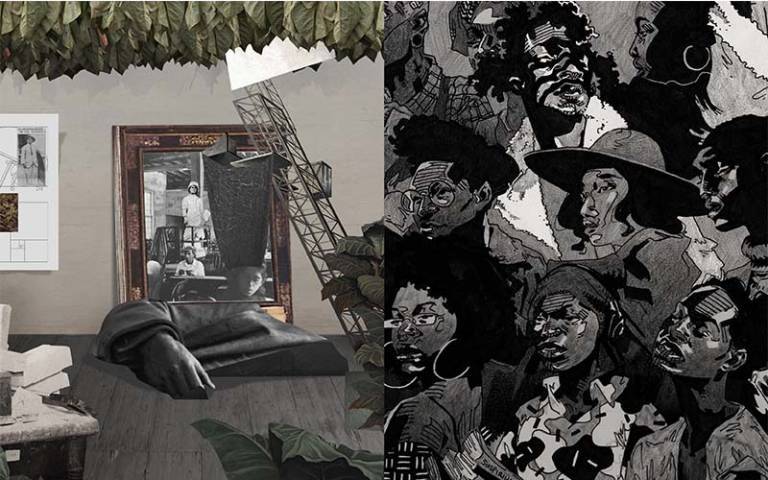 Artist's illustration including drawings of male and female black activists
