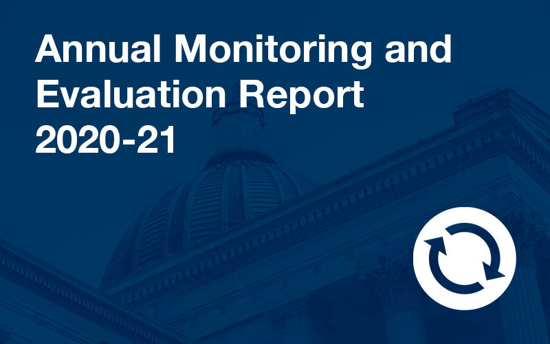 UCL Portico in Blue with Annual Monitoring and Evaluation Report 2020-21 text