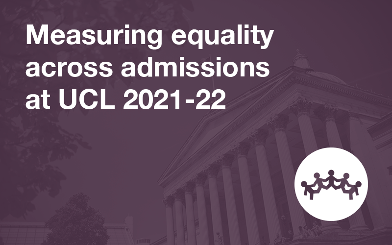 UCL Portico in Purple with Measuring equality across admissions at UCL 2021-22 text